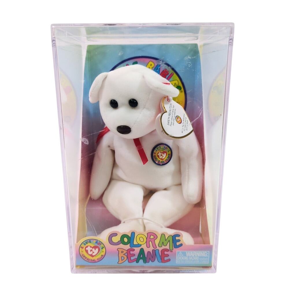 Ty Color Me Beanie Babies White Bear Plush with Markers Retired 2002 NIB